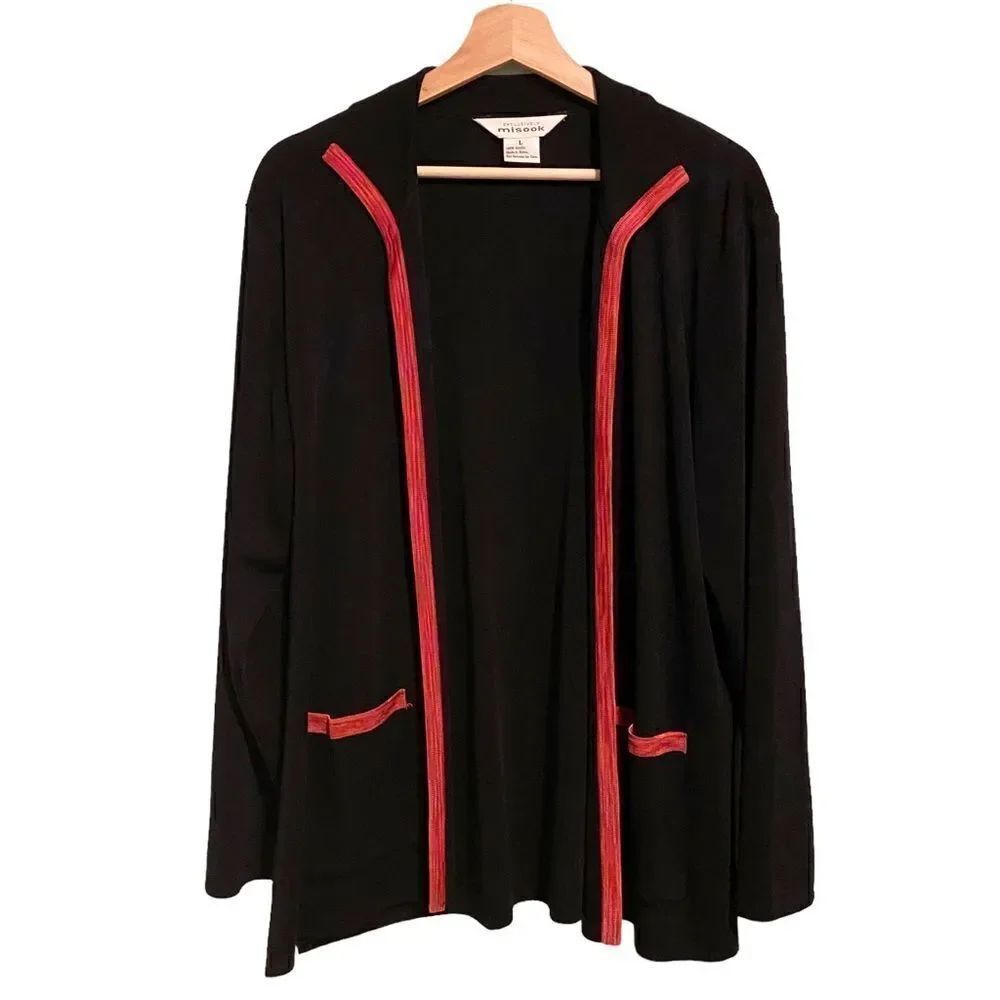 Exclusively Misook Black Knit Red Trim Open Front Cardigan in Size Large